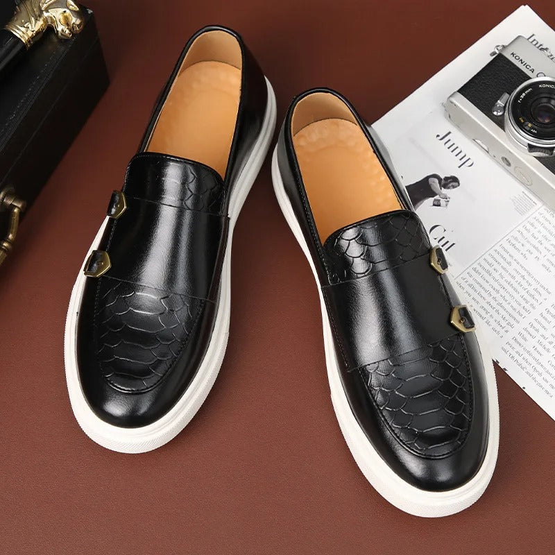 Men’s Snakeskin Leather Loafers – Retro Slip-On Casual Driving Shoes.